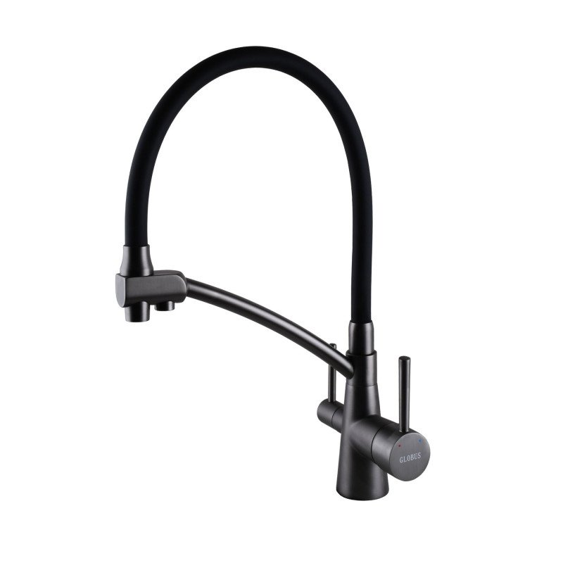 Смеситель для кухни под осмос "Globus Lux" GLLR-0700-11 графит с черным гибким изливом