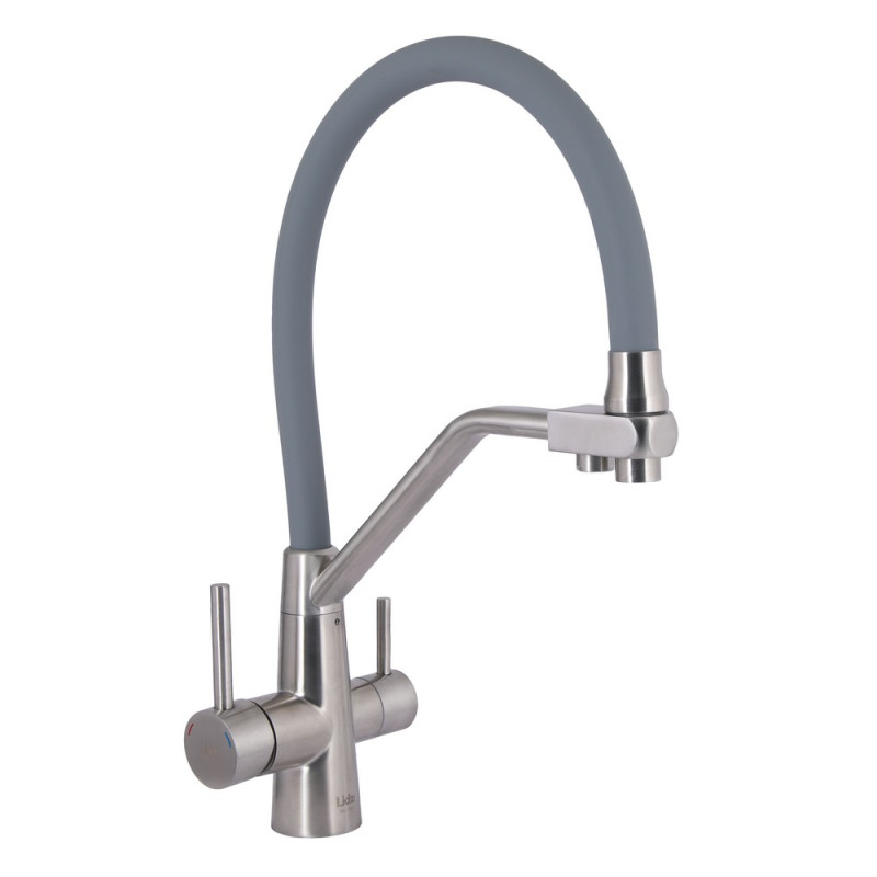Смеситель для кухни под осмос Lidz Aria 020F3 никель с серым гибким изливом